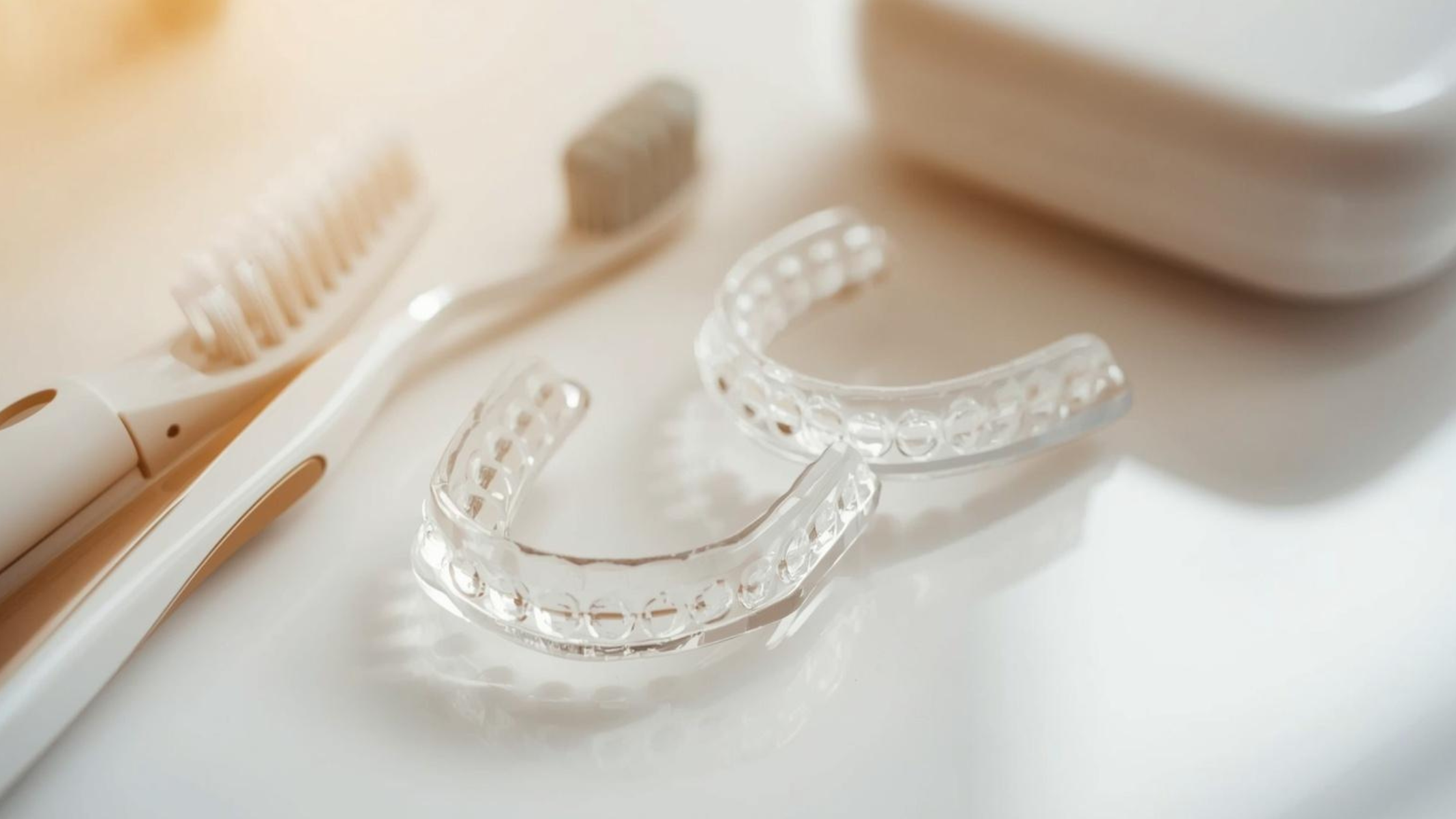A clean close-up of two clear aligner trays resting on a white surface beside a toothbrush and case