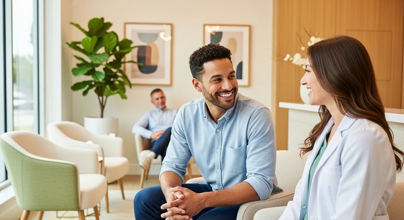 Smiling adult talks to dentist in bright reception area.