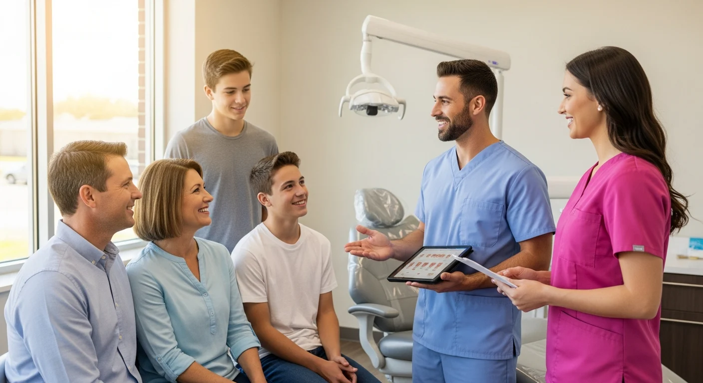 Dentist and hygienist consulting with a smiling family
