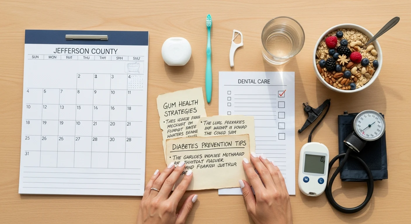 Organized dental and wellness planning items on wooden desk.