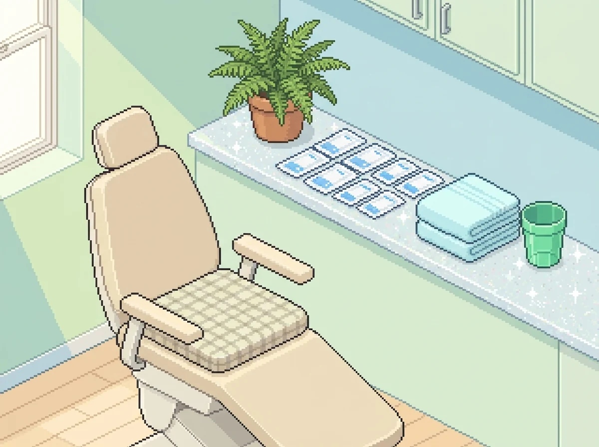 Hygienist station in spotless dental clinic with supplies and chair.