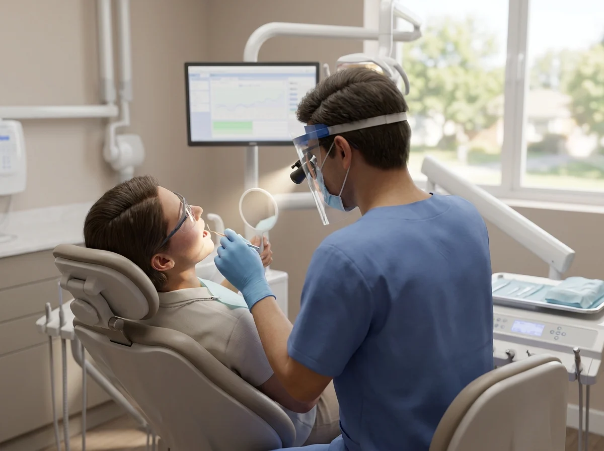 Dentist performs oral cancer screening on seated patient in clinic.