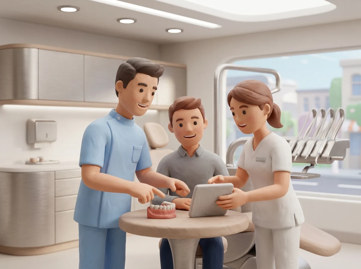 Dentist and hygienist discuss dental advancements with patient in clinic.