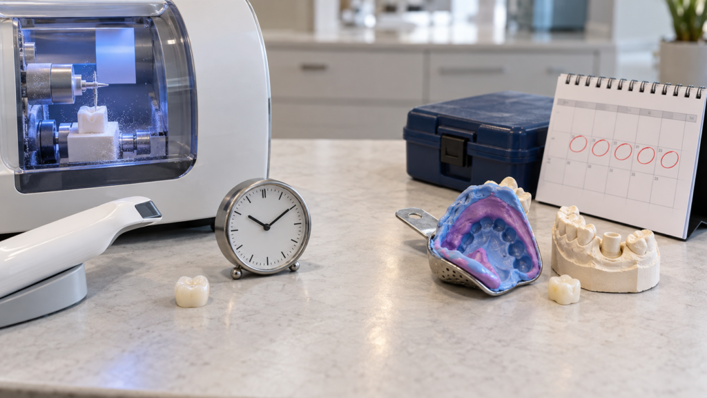 A same-day crown is milled beside a clock, while a traditional impression, dental model, lab case, and calendar represent the conventional crown process.